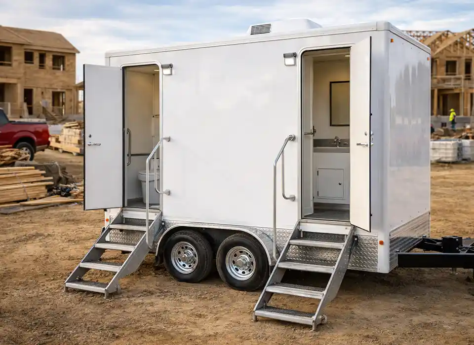 A portable restroom trailer with two open doors and metal steps, situated on a dirt construction site with partially built wooden structures in the background.
