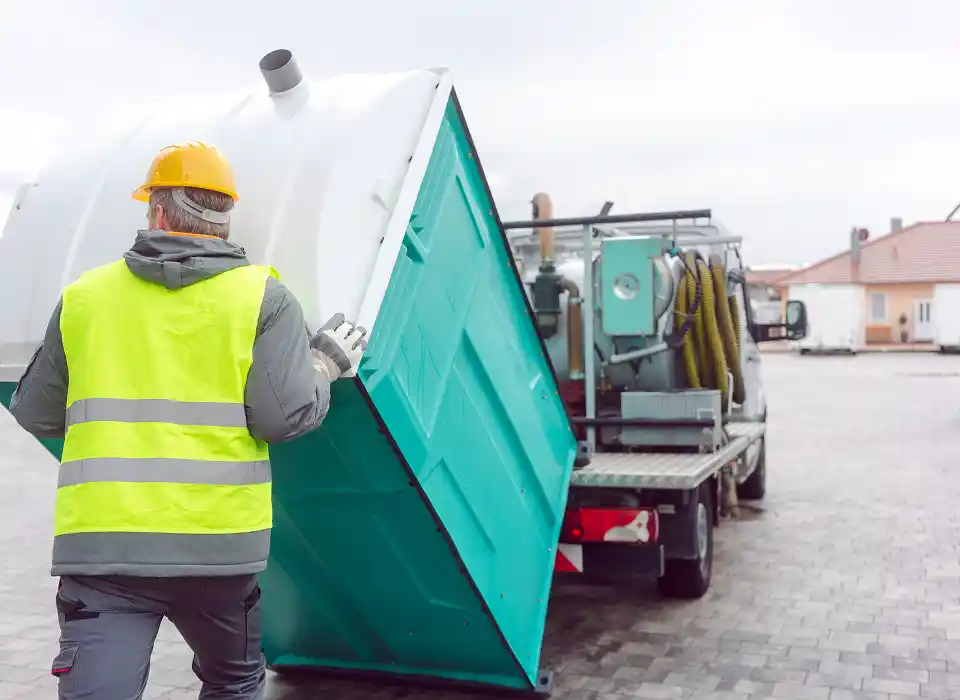 A worker in a safety vest and helmet is maneuvering a large green container towards a truck loaded with equipment.