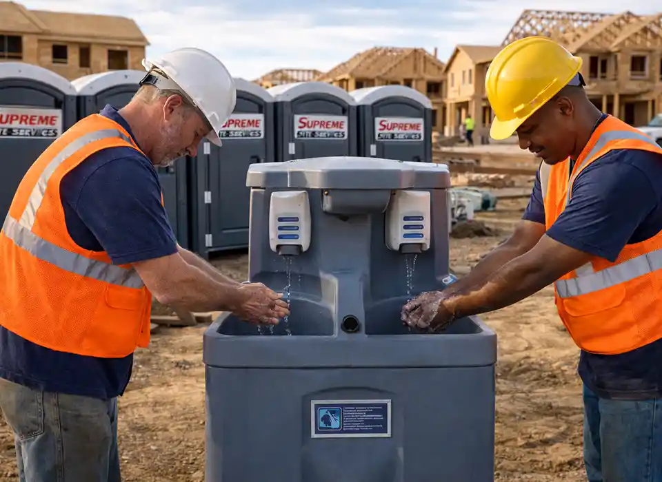 Two construction workers in hard hats and safety vests wash their hands at a portable handwashing station on a construction site, with portable toilets and unfinished buildings in the background.