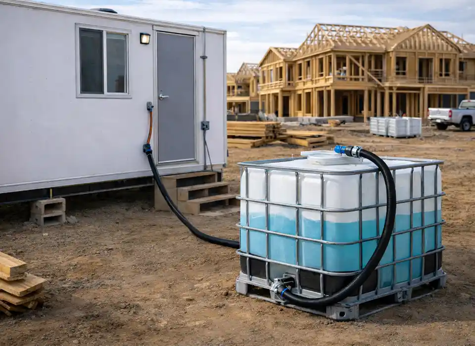 A construction site with a water tank connected to a trailer, and new houses being built in the background.