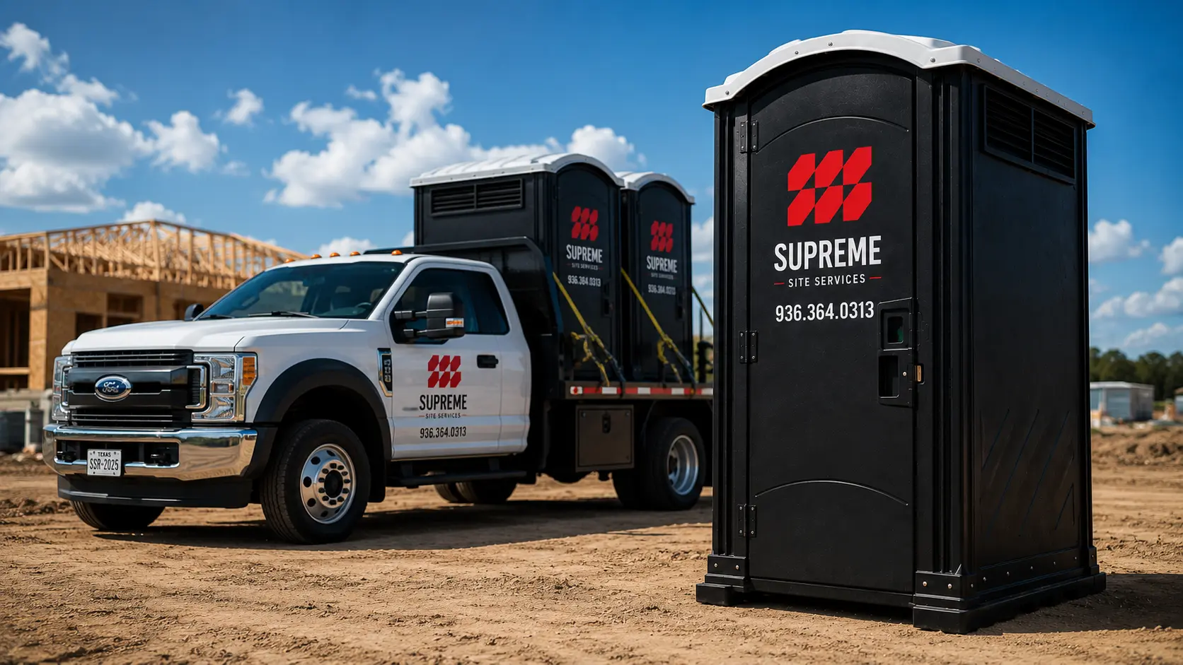 Supreme Site Services delivery truck unloading black porta potty rentals at a new home construction site
